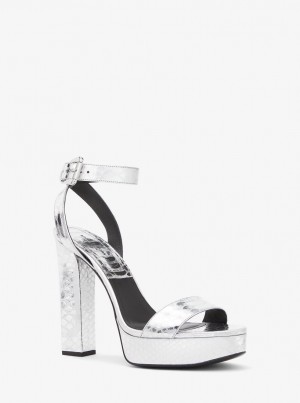 Sandale Dama Michael Kors Anabelle Metallic Python Embossed Leather Platform Sandal Argintii | 97CJYOZBS