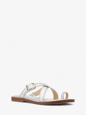 Sandale Dama Michael Kors Ashton Metallic Leather Flat Sandal Argintii | 32ISXJYOE