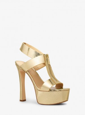 Sandale Dama Michael Kors Berkley Metallic Snake Embossed Leather Platform Sandal Aurii | 90QBSPWMA
