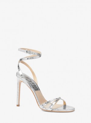 Sandale Dama Michael Kors Chrissy Metallic Python Embossed Leather Sandal Argintii | 10NWAZXHC