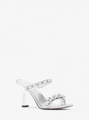Sandale Dama Michael Kors Clara Embellished Metallic Snake Embossed Leather Sandal Argintii | 06JEWTBRF