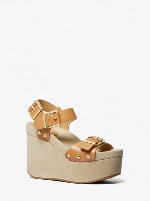 Sandale Dama Michael Kors Colby Leather Wedge Sandal Pale Peanut | 38RTDLOZP