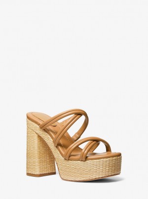 Sandale Dama Michael Kors Corrine Leather and Straw Platform Sandal Pale Peanut | 75KXBHPCF