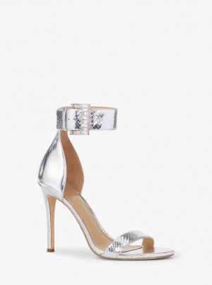 Sandale Dama Michael Kors Giselle Metallic Snake Embossed Leather Sandal Argintii | 28VERSGJQ
