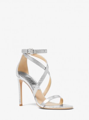 Sandale Dama Michael Kors Ingrid Metallic Python Embossed Leather Sandal Argintii | 60ZJGASBE