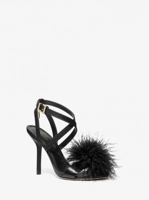 Sandale Dama Michael Kors Whitby Feather Trim Leather Sandal Negrii | 19EQPHTNO