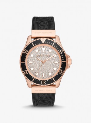 Silicone Dama Michael Kors Oversized Slim Everest Pave Rose-Gold Tone and Embossed Silicone Watch Negrii | 38WLANYGB