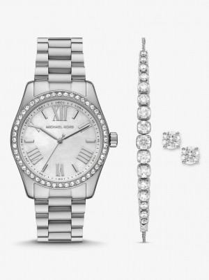 Silver-tone Dama Michael Kors Lexington Pave Silver-Tone Watch and Bracelet Set Argintii | 25QSGKCXR