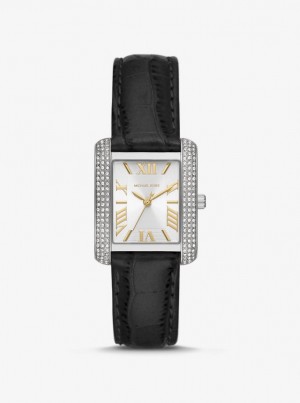 Silver-tone Dama Michael Kors Mini Emery Pave Silver-Tone and Crocodile Embossed Leather Watch Negrii | 87YIOZEKR