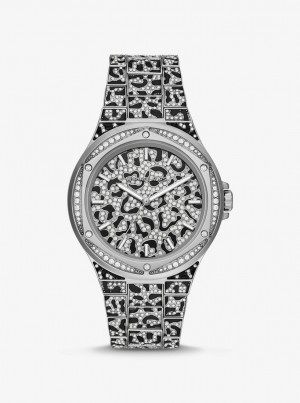 Silver-tone Dama Michael Kors Oversized Lennox Animal Pave Silver-Tone Watch Argintii | 41SDAKYXW