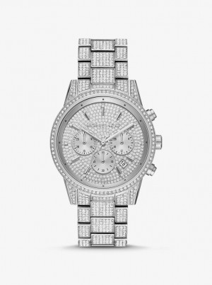 Silver-tone Dama Michael Kors Ritz Pave Silver-Tone Watch Argintii | 38VUWHKZI