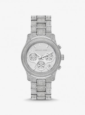 Silver-tone Dama Michael Kors Runway Pave Silver-Tone Watch Argintii | 75BWXQOVE