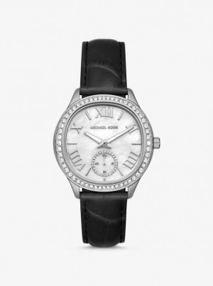 Silver-tone Dama Michael Kors Sage Pave Silver-Tone and Crocodile Embossed Leather Watch Negrii | 48NQAVJFH