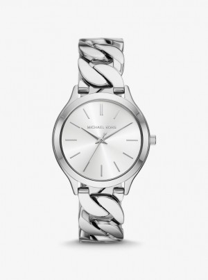 Silver-tone Dama Michael Kors Slim Runway Silver-Tone Curb-Link Watch Argintii | 50MDXEFQH