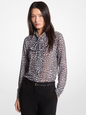 Topuri Dama Michael Kors Graphic Leopard Print Georgette Tie-Neck Blouse Negrii Albi | 05GZBXEHC