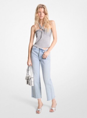 Topuri Dama Michael Kors Metallic Stretch Knit Cutout Halter Tank Argintii | 21BKMOAGH