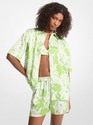 Topuri Dama Michael Kors Palm Print Satin Cabana Shirt Verzi | 78ZXLMYCW