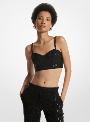 Topuri Dama Michael Kors Pinstripe Sequined Crepe Bustier Top Negrii | 75YKDLPMQ