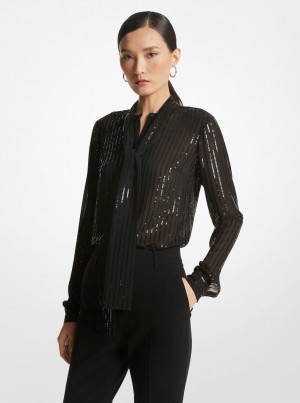Topuri Dama Michael Kors Pinstripe Sequined Georgette Tie-Neck Blouse Negrii | 49YGQLPOI