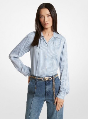 Topuri Dama Michael Kors Pinstriped Satin Blouse Blueberry | 68OMHGNJA