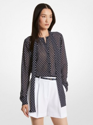 Topuri Dama Michael Kors Polka Dot Georgette Tie-Neck Blouse Midnightblue | 82YFIZHOX