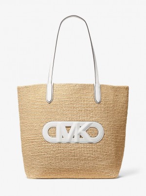 Totes Dama Michael Kors Eliza Extra-Large Empire Logo Straw Tote Bag Nat/Opticwht | 13TLGNEKJ
