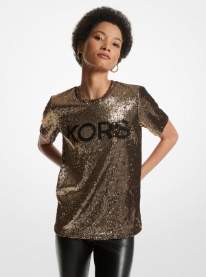 Tricouri Dama Michael Kors KORS Sequined Stretch Tulle T-Shirt Negrii Aurii | 86CEDXHTR