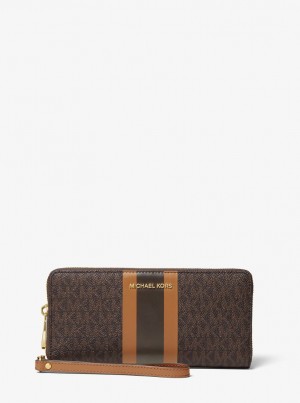 Wristlet Dama Michael Kors Logo Stripe Continental Wristlet Brn/Acorn | 50MHCOREG